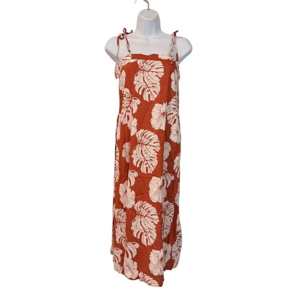 Roxy Strappy Midi Dress Rust Tropical Palm Leaf Print Size XS